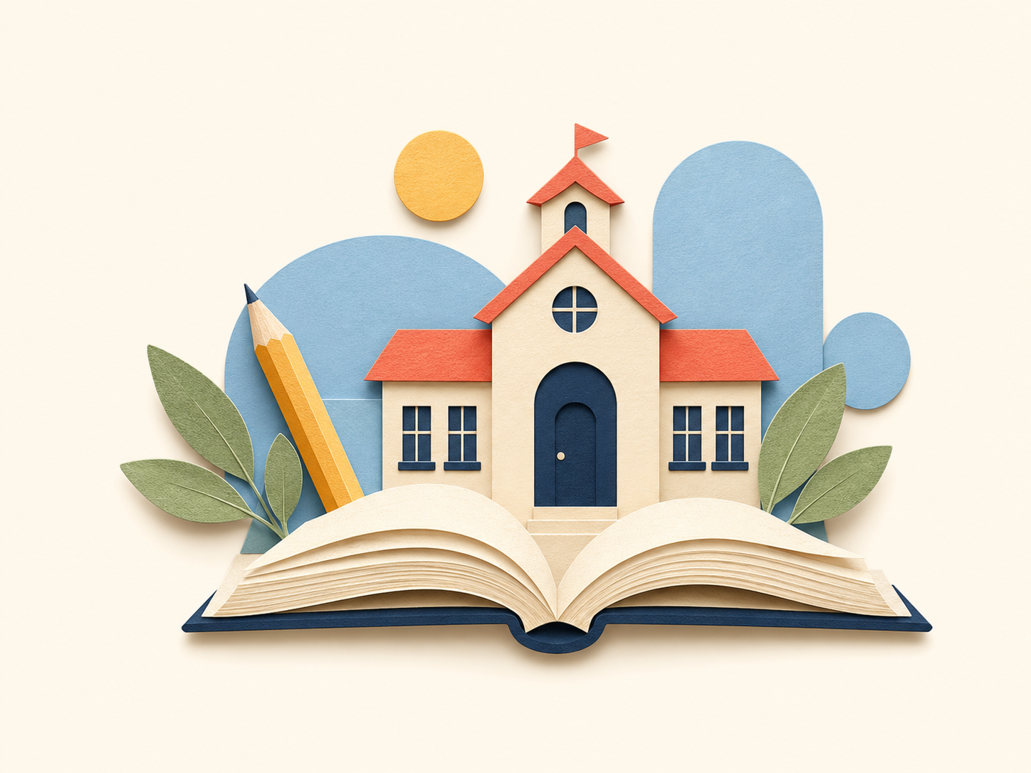 Açık bir kitap, okul binası ve eğitim araçlarından oluşan kâğıt illüstrasyonu